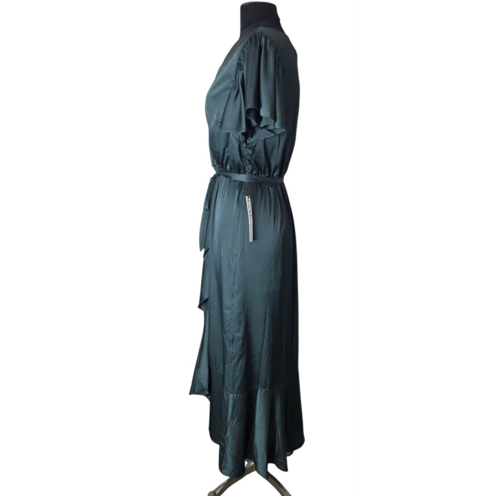 Nicole Miller Emerald Green Satin Wrap Dress Ruffled Hem Flutter Sleeve Size M/L - Picture 2 of 8